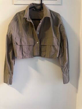 Zara Cropped Pinstripe Utility Jacket - Olive